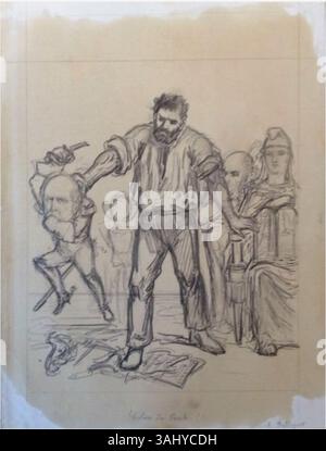 Le dessin 'colère du peuple' de A. Belloguet représente une scène où un homme du peuple pivote sur le Syllabus du pape Pie IX et un décret gouvernemental. Marianne, représentant la France, tient les tables de la Loi tout en secouant le maréchal Patrice de Mac Mahon, dont le bicorne brisé et l'épée reposent sur le sol. Cet ouvrage satirique critique le climat politique de l’époque. Banque D'Images