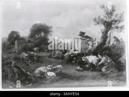 Cette peinture de paysage de 1650 de Nicolaes Berchem représente deux femmes de lait dans un cadre pastoral. L'huile sur panneau fait partie de la collection Adolphe Schloss, mettant en valeur l'habileté de Berchem à capturer des scènes rurales. Banque D'Images