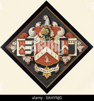 Cette huile sur toile hachée, créée à la fin du XVIIIe ou au début du XIXe siècle, représente les armoiries de la famille Bagge. L’œuvre est encadrée en noir avec un feuillet doré, représentant un symbole héraldique du statut noble de la famille. Banque D'Images