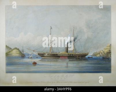 Cette lithographie colorée à la main de 1841 environ représente le R.M.S.P. 'Clyde' ancré dans le port de Grenade, avec de la vapeur qui jaillit de ses cheminées et de petits bateaux déchargeant la cargaison. Banque D'Images