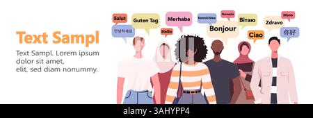 Les gens disent le mot bonjour dans différentes langues internationales. Cultures diverses, concept de communication internationale. Illustration vectorielle. Pas ai gen Banque D'Images