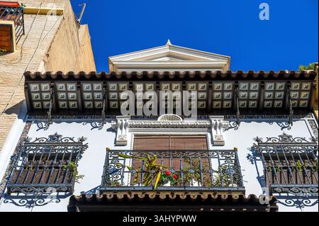 Belles caractéristiques architecturales sur la façade d'un ancien bâtiment, avec une vue en angle bas de la ferronnerie dans les balustrades et des tuiles dans la corniche du toit. Banque D'Images