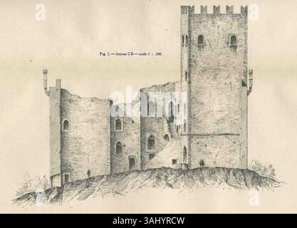 Un dessin en coupe du Castello di Montalto, mettant l'accent sur la coupe C-d, à l'échelle 1 :200. Ce dessin fait partie de la série 'Torri, case e Castelli nel Canavese', produite avant 1884 par Camilla e Bertolero à Turin, illustrant les détails architecturaux du château. Banque D'Images