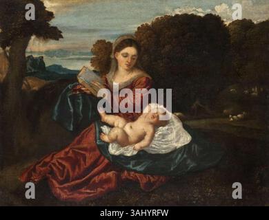Le tableau « la Vierge et l'enfant Christ endormi », attribué à un disciple du Titien, est une œuvre d'art religieuse du XVIe siècle. L’œuvre à l’huile sur toile représente la Vierge Marie berçant le Christ enfant dans un moment serein et intime, incarnant les thèmes de la maternité et de la dévotion. Banque D'Images