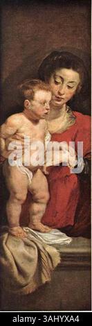 Le panneau gauche du triptyque Lamentation of Christ de Peter Paul Rubens, peint en 1618, représente la Vierge et l'enfant. Cette huile religieuse sur panneau reflète le style baroque et les thèmes religieux de Rubens, commandés pour le tombeau de Maria Maes. Banque D'Images