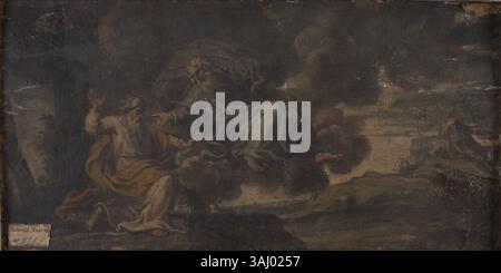 Cette peinture religieuse du XVIIe siècle, créée par un artiste anonyme, représente Moïse recevant les dix Commandements de Dieu sur le mont Sinaï. L’œuvre à l’huile sur toile, hébergée au Nationalmuseum, capture le moment biblique dans les détails les plus vifs. Banque D'Images