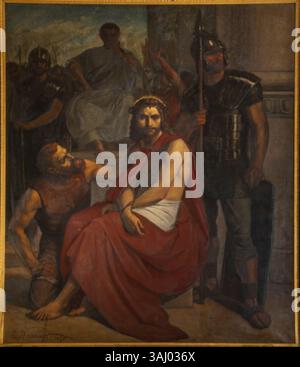 Cette sculpture de Constantin Meunier montre Ponce Pilate présentant Jésus à la foule, un moment dramatique dans le récit de la passion. Créé entre 1865 et 1870, il fait partie d’une série située à Sint-Pieters-Kapelle Herne, représentant un point pivot avant la crucifixion. Banque D'Images
