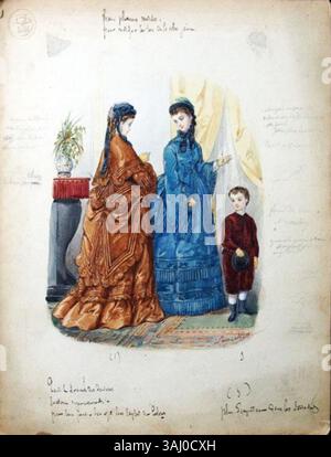 Une illustration de mode aquarelle de Laure Noel, créée pour le Journal des Demoiselles en 1873. Cette assiette mode présente un design de l'époque, mettant en évidence les détails complexes et les tendances de la scène de la mode de la fin du XIXe siècle. Banque D'Images