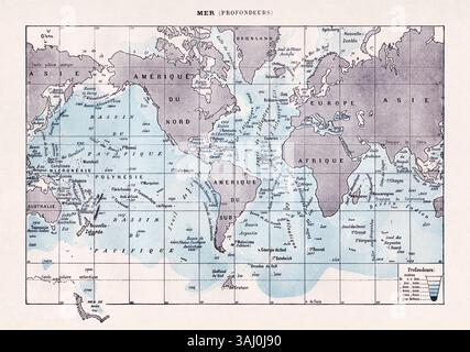 Carte du vieux monde montrant les profondeurs des océans imprimée dans un dictionnaire français à la fin du XIXe siècle. Banque D'Images