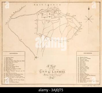 Cette carte de 1847 de Lahore, basée sur un relevé réel du major G. Carmichael Smyth, offre une représentation détaillée de la ville à l'époque coloniale. Il a été présenté comme frontispice dans un ouvrage historique sur la famille régnante de Lahore. Banque D'Images
