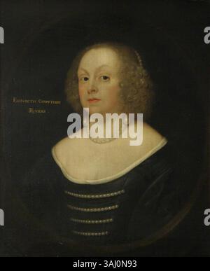 Ce portrait, peint vers 1720 par la British School, représente Lady Elizabeth Darcy, comtesse Rivers et vicomtesse Savage (1584-1650). C'est une huile sur toile, mettant en valeur son portrait aristocratique avec une inscription dorée. Banque D'Images
