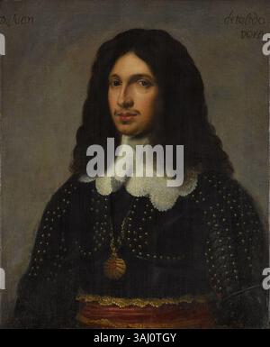 Ce portrait du XVIIe siècle, attribué à un disciple de Philippe de Champaigne, représente Don Juan de Tolède, vêtu de noir avec une ceinture cramoisie et une chaîne en or portant l'ordre de Santiago. L'inscription indique son noble statut de chevalier de l'ordre, et la peinture reflète le style de portrait détaillé et formel de l'époque. Banque D'Images