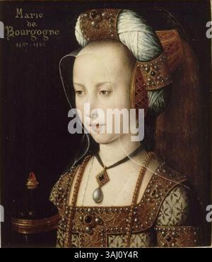 Cette huile sur panneau de peinture de l'Atelier du Maître de la légende de la Madeleine représente Marguerite d'Autriche, duchesse de Savoie, comme Marie Madeleine tenant un pot de pommade. Le tableau, daté vers 1510, symbolise la dévotion religieuse. L'inscription 'Marie de Bourgogne, 1457-1482' est incorrecte. L’œuvre est conservée au Musée Condé. Banque D'Images