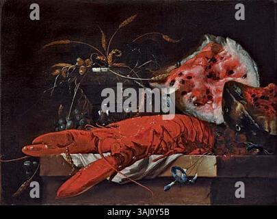 Une peinture de nature morte, attribuée à un disciple de Jan Davidsz de Heem, représentant un homard, une pastèque, un verre de roemer, des raisins, et du blé disposé sur une table, créé vers 1656 à l'huile sur toile. Fait partie de la collection des héritiers Goudstikker. Banque D'Images