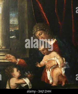Ce tableau, attribué à un disciple du Titien, représente la Vierge Marie avec le Christ enfant et l'enfant Saint Jean. Il a été créé entre 1520 et 1530 et fait partie de la collection de religieux compris de la Christ Church Picture Gallery Banque D'Images