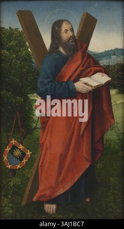 Le tableau 'H. Andreas in een landschap' de l'atelier de Jan Provoost, réalisé entre 1515 et 1520, représente Saint André dans un décor paysager. L’œuvre d’art est une représentation religieuse typique de la Renaissance du Nord, mettant l’accent sur la figure du saint au milieu d’un environnement naturel. Banque D'Images