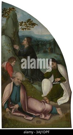 Cette huile sur panneau peinte en 1530 par Pieter Coecke van Aelst, qui fait partie du retable d'Oxburgh, représente l'agonie dans le jardin. La scène religieuse met en lumière le moment de la souffrance du Christ, thème clé de l'iconographie chrétienne. Banque D'Images