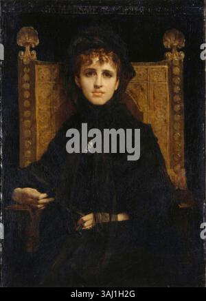 Madame Georges Bizet de Jules-Élie Delaunay (1878) est un portrait de l'épouse du célèbre compositeur français Georges Bizet. Le tableau représente Madame Bizet dans une robe noire, assise dans une chaise en bois. Le portrait capture son regard direct et son expression serrée, mettant en valeur le style de portrait élégant et digne de Delaunay. Banque D'Images