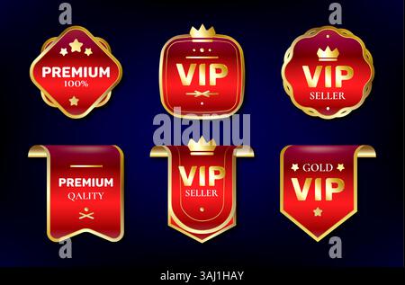 Premium VIP vendeur de qualité ruban rouge or sceaux badges - couronne royale et bannière emblème étoile, ensemble de conception d'étiquette pour le contenu de produits premium Vector Luxury Sign collection éléments de cadres bordures. Illustration de Vecteur