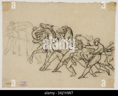 Ce dessin au pastel de 1817 de Géricault représente les chevaux libres de la Mossa, capturant l'énergie sauvage des animaux en mouvement. La pièce reflète la fascination de Géricault pour le monde naturel et son habileté à transmettre le mouvement dynamique dans compris Banque D'Images