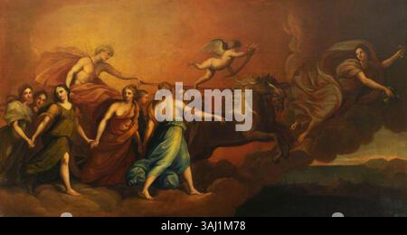Cette peinture d'après Guido Reni représente Aurora, la déesse de l'aube, avec Apollon dans son char. Il a été créé entre 1700 et 1799 et représente une scène mythologique à l'huile sur toile. Banque D'Images