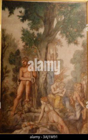 La peinture *Hercule au jardin des Hespérides* de Gustave Moreau, réalisée en 1860, représente le héros mythique Hercule dans le jardin des Hespérides, un sujet tiré de la mythologie grecque, mettant en valeur le style symbolique de Moreau. Banque D'Images