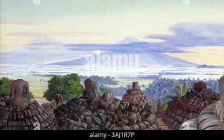 Le tableau de Marianne North de 1876 « les volcans du Merapi et du Merbaboe » représente le paysage volcanique de Java, offrant une vue depuis le sommet de Boro Bodoer. L'huile à bord met en valeur son art botanique et paysager. Banque D'Images