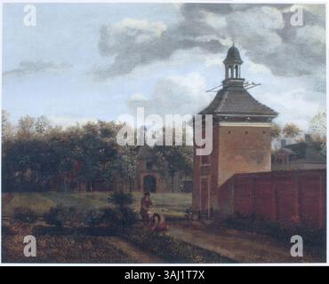 Le tableau de Jan van der Heyden, « Un pavillon dans le jardin d'un Buitenplaats », représente une scène tranquille d'un pavillon situé peut-être sur la rivière Vecht. Créée en 1666, cette œuvre met en lumière le rendu détaillé de van der Heyden de l’architecture et de la nature, commun dans les paysages néerlandais Banque D'Images