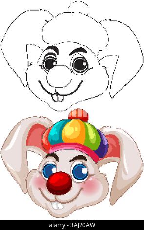 Lapin clown ludique avec des couleurs vibrantes et des caractéristiques expressives. Comprend dessin au trait et version colorée pour une utilisation polyvalente Illustration de Vecteur