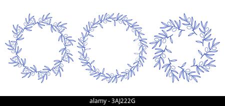 Ensemble de cadres de cercles de branches d'olivier bleu méditerranéen. Bordure de ligne ronde dessinée à la main, feuilles et fleurs, invitation et cartes de mariage, conception de logo et Illustration de Vecteur