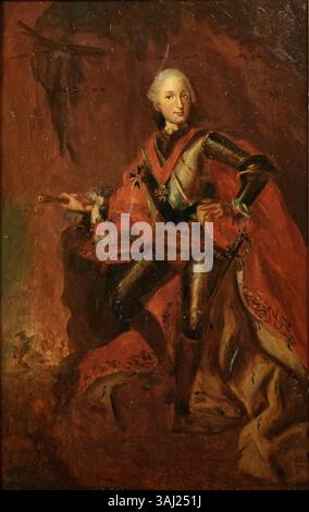 Ce portrait du XVIIIe siècle serait Maximilien III Joseph, électeur de Bavière (1727-1777), identifié à tort comme Charles Théodore, électeur de Bavière. Le tableau le montre en armure avec l'ordre de la Toison d'Or et l'ordre de l'Hubertus, tenant un sceptre et portant le chapeau électoral. L'électrice est représentée dans une robe bleue brodée avec un diadème. Banque D'Images