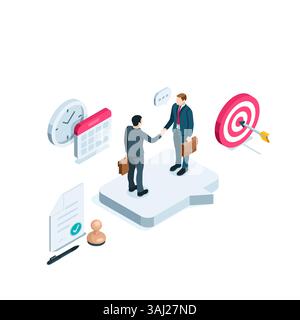 homme isométrique avec une mallette saluant un autre homme en couleur sur un fond blanc, serrant la main ou parvenant à un accord Illustration de Vecteur