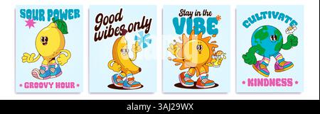 Affiches rétro animées avec mascotte de dessins animés et phrases de motivation - mignonne marche de fruit de citron, banane souriante agitant la main, cocktail gai de verre de soleil, globe terrestre positif tenant une fleur de Marguerite. Illustration de Vecteur