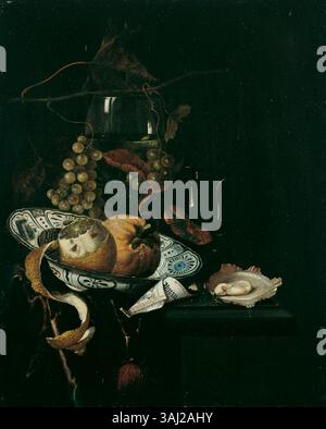 Une peinture de nature morte de Martinus Nellius, représentant des fruits dans un bol Wan-Li, une huître et une feuille d'almanach. Signée par l'artiste, cette pièce illustre la tradition néerlandaise des natures mortes du XVIIe siècle. Banque D'Images