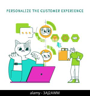 Illustration marketing de produit mettant en vedette un chat en contact avec les clients grâce à la technologie. Le design met en valeur la personnalisation de l’expérience client avec divers éléments visuels. Illustration vectorielle. Illustration de Vecteur