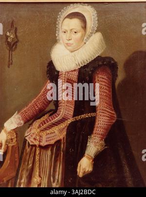Ce portrait, une copie de la version de Cassel attribuée à Frans Hals, représente une femme en tenue typique du XVIIe siècle. La peinture à l'huile sur toile, créée entre 1619 et 1749, est conservée dans le château de Geldrop. Banque D'Images