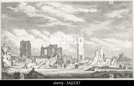 Cette peinture du XVIIIe siècle de Simon Fokke représente les ruines de Bergen-op-Zoom après sa destruction par les Français en 1747 pendant la guerre de succession d'Autriche. Il met en lumière les conséquences du siège. Banque D'Images