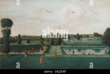 Cette peinture à l'huile du XVIIIe siècle représente l'extrémité du canal et le lac inférieur à Hartwell House, Buckinghamshire. Il capture le paysage serein et naturel du domaine. Banque D'Images