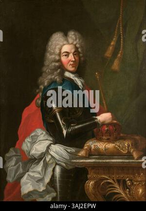 Ce portrait du XVIIe siècle, attribué au cercle de François de Troy, représente Louis-Auguste de Bourbon, duc du Maine. Le tableau, reflétant l'opulence et la grandeur de l'époque, illustre son statut royal et sa lignée aristocratique. Banque D'Images