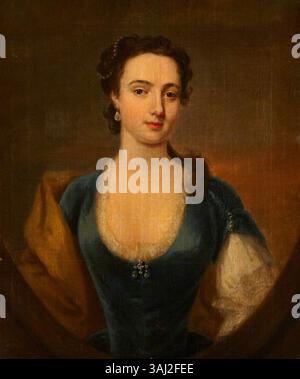 Ce portrait, attribué à John Lewis (1736-1776), représente Elizabeth Ambrose, épouse de Hugh Eccles, peinte entre 1740 et 1745 environ. L'œuvre est une huile sur toile contenue dans la collection du National Trust, capturant une représentation formelle du sujet. Banque D'Images