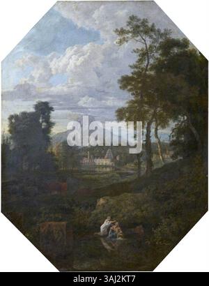 Peinture de paysage attribuée à Johannes Glauber, représentant une nymphe et un Dieu fluvial, créée entre 1710 et 1720. L'œuvre est conservée dans la collection du National Trust. Banque D'Images