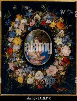 Cette peinture à l'huile datant d'environ 1606 par Jan Brueghel l'ancien et Hendrick van Balen représente la Vierge à l'enfant entourée d'une guirlande de fleurs, soulignant le lien symbolique entre la religion et la nature. Banque D'Images