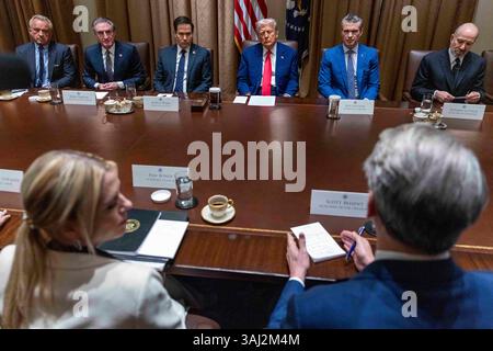 Le président AMÉRICAIN Donald J. Trump écoute les remarques lors d’une réunion du Cabinet dans la salle du Cabinet de la Maison Blanche à Washington, DC, États-Unis. 10 avril 2025. Crédit : Abaca Press/Alamy Live News Banque D'Images