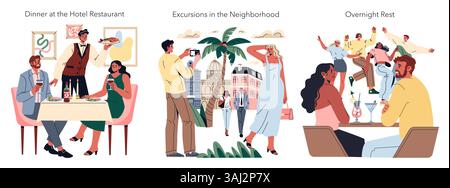Ensemble vacances à l'hôtel. Les couples dînent dehors, explorent les sites de la ville et s'amusent la nuit. Illustrations vibrantes représentant diverses activités de vacances. Illustration de Vecteur