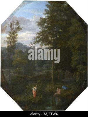 Peinture de paysage attribuée à Johannes Glauber, représentant le mythe d'Echo et de Narcisse, réalisée entre 1710 et 1720. L'œuvre fait partie de la collection du National Trust. Banque D'Images