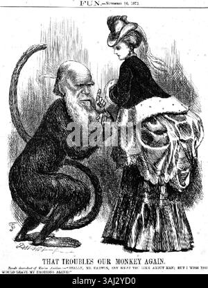 Un dessin animé satirique du magazine Fun, publié le 16 novembre 1872, présentant une interprétation humoristique des théories de Charles Darwin. Le dessin montre une descendante féminine d'une ascidienne marine commentant les émotions humaines, critiquant le travail de Darwin sur un ton ludique. Banque D'Images
