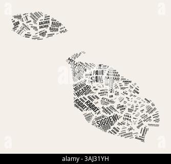Malte Word Cloud. Pays avec division de régions. Malte texte typographique nuages de conception d'image vectorielle. Image de forme de pays de style gazette vintage. Illustration de Vecteur