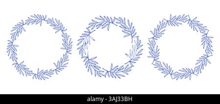 Ensemble de cadres de cercles de branches d'olivier bleu méditerranéen. Bordure de ligne ronde dessinée à la main, feuilles et fleurs, invitation et cartes de mariage, conception de logo et Illustration de Vecteur