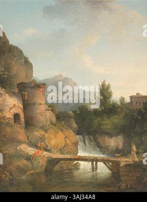 Une peinture de paysage dans le style de Jean Victor Bertin, représentant des personnages traversant un pont en bois sur un ruisseau de montagne. L’œuvre à l’huile sur toile du début du XIXe siècle reflète la vision romancée de la nature et de l’interaction humaine avec elle. Banque D'Images