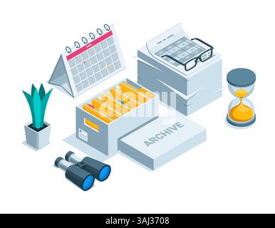 boîte isométrique avec dossiers et une pile de documents, en couleur sur fond blanc, travaillant avec la documentation d'archives Illustration de Vecteur